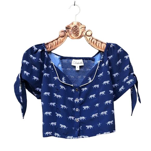 Cleobella Satin Tigers Print Pan Collar Sailor Crop Blouse Blue Small - Picture 1 of 12